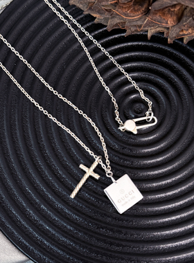 中古正品GU*cci古*驰十字银牌双吊坠925银项链