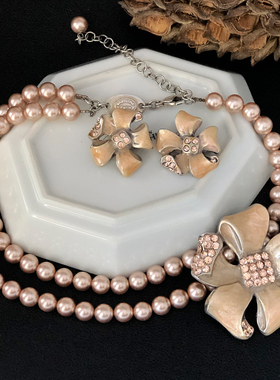 中古法产Babylone珐琅花卉珍珠项链耳夹套装