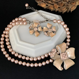 中古法产Babylone珐琅花卉珍珠项链耳夹套装