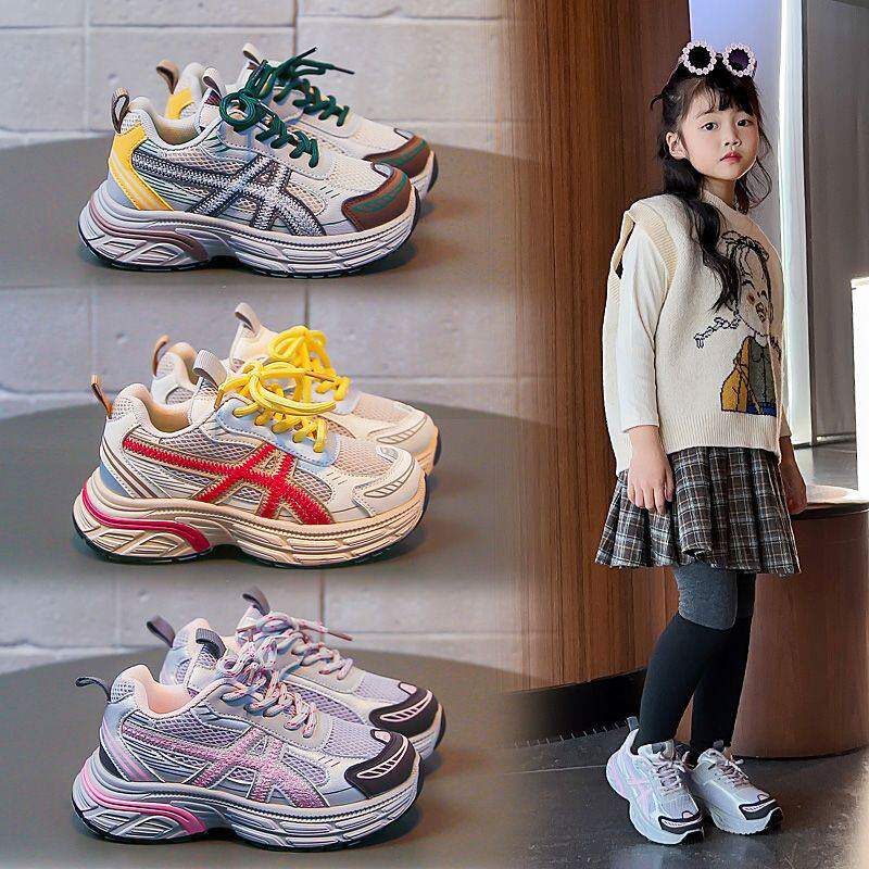 儿童鞋子透气网面女童跑步鞋春秋男童运动鞋软底女童鞋系鞋带春季