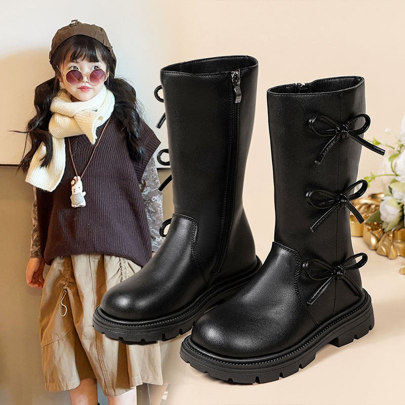 儿童马丁靴黑色T台模特走秀表演鞋女童靴子秋冬女孩舞台白色长靴