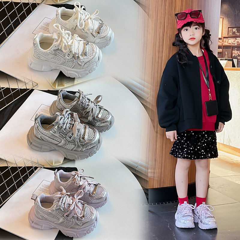 儿童老爹鞋鞋带款女童鞋子厚底男童运动鞋网面透气春秋宝宝休闲鞋