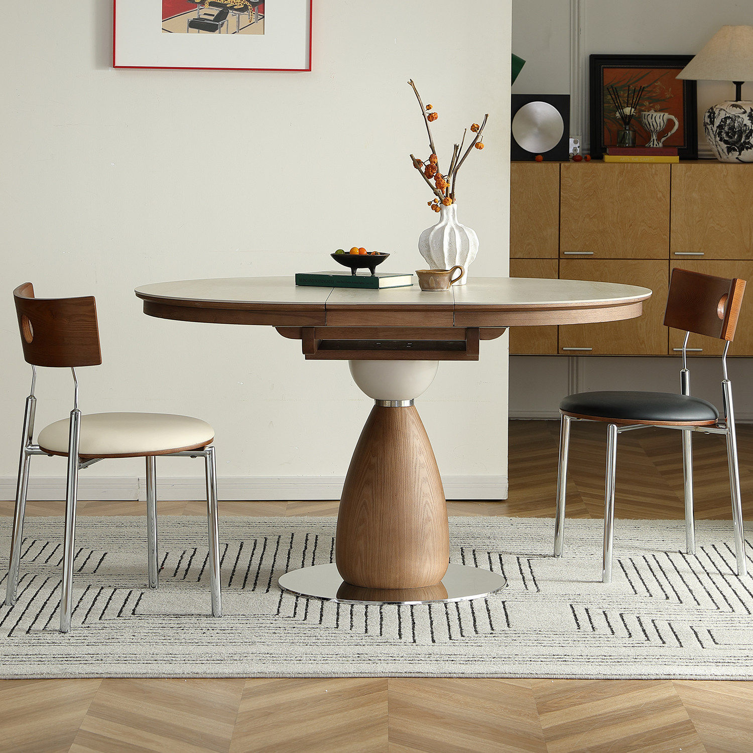 月涧洞石岩板实木伸缩圆形餐桌变椭圆形拉伸桌子小户型现代折叠桌