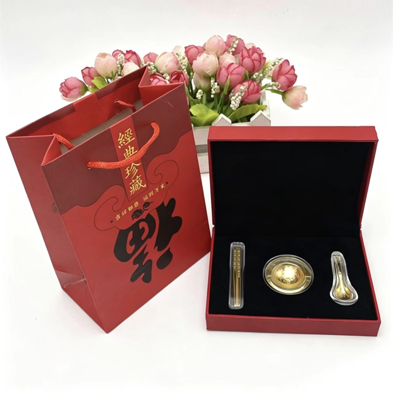 聚福三宝三件套金勺金碗金筷子宝摆件
