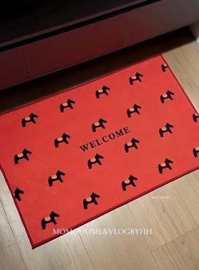 红色小马图案地垫马年新款WELCOME欢迎地毯家用吸水防滑蹭脚垫