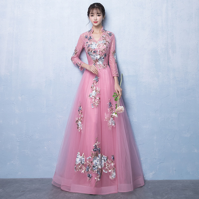 2024新款敬酒服结婚礼宴会年会主持演出优雅长袖红长款公主晚礼服