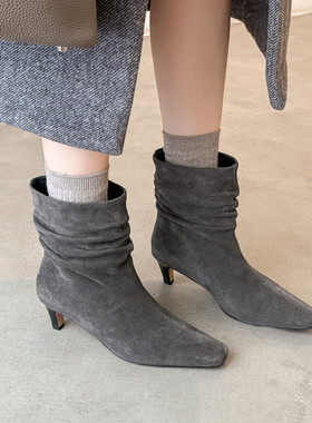 5cm磨砂真皮法式复古气质细跟堆堆靴女中跟方头灰色褶皱宽筒短靴