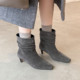 5cm磨砂真皮法式 复古气质细跟堆堆靴女中跟方头灰色褶皱宽筒短靴