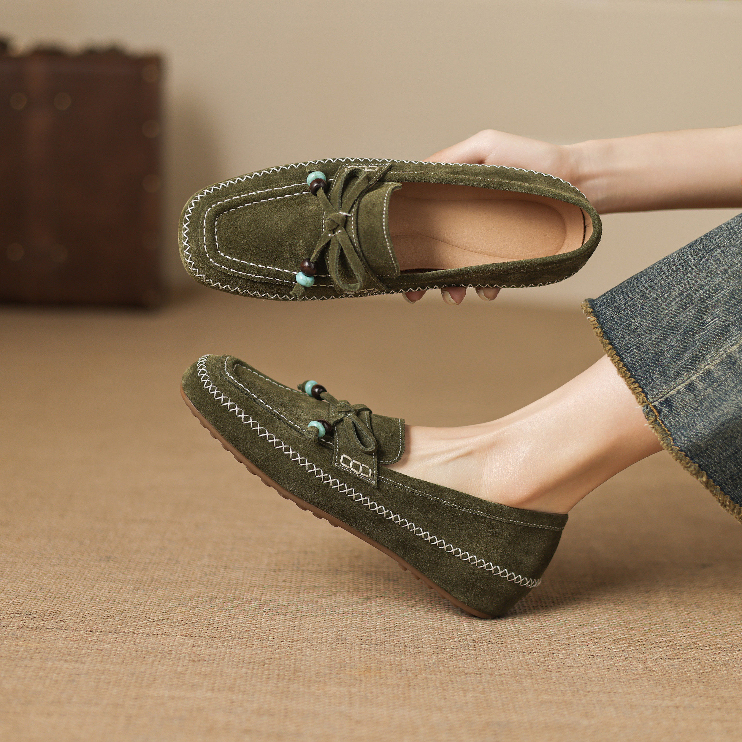 3cm磨砂真皮复古平底休闲渔夫鞋女绿色内增高乐福鞋圆头懒人单鞋,女鞋,深口单鞋,淘宝优惠券,粉丝福利购,淘宝优惠卷