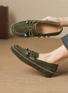 3cm磨砂真皮复古平底休闲渔夫鞋女绿色内增高乐福鞋圆头懒人单鞋