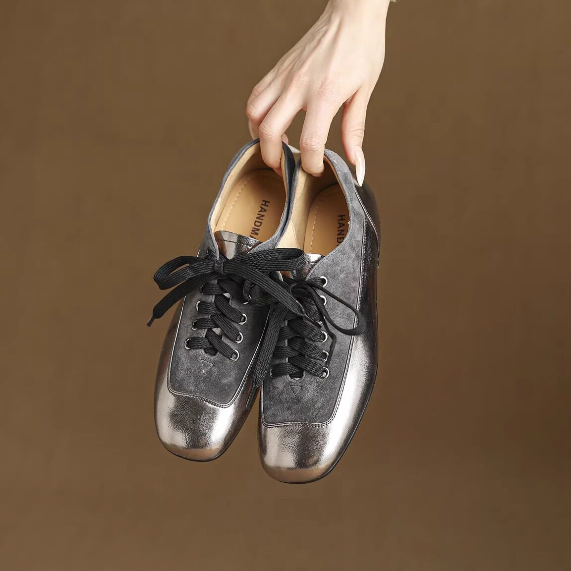 3.5cm内增高圆头英伦风小皮鞋女磨砂真皮复古平底鞋灰色系带单鞋