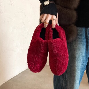 3cm羊皮毛一体低跟乐福鞋真皮内增高棉鞋加绒厚毛保暖一脚蹬单鞋