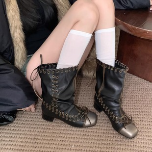 4cm擦色绑带马丁靴女粗跟推推靴中跟方头褶皱短靴帅气慵懒机车靴