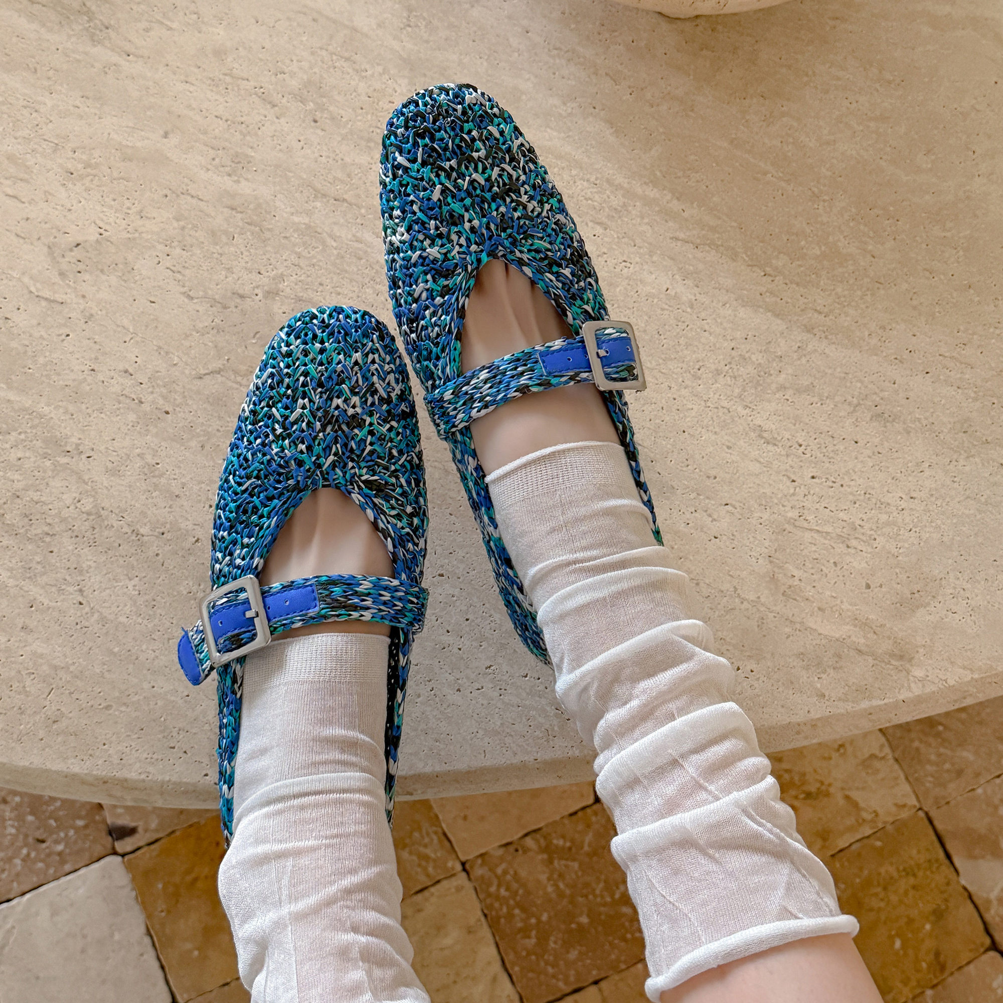 1.5cm低跟蓝色编织浅口玛丽珍鞋女平底一字式扣圆头百搭拼色单鞋,女鞋,玛丽珍鞋,淘宝优惠券,粉丝福利购,淘宝优惠卷