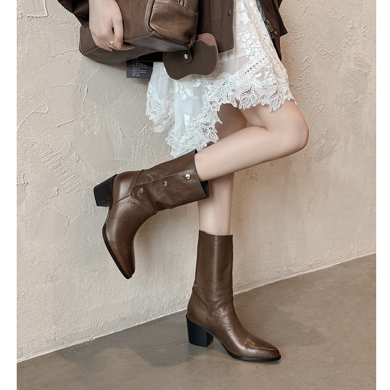 复古两穿粗跟中筒靴显瘦高跟鞋