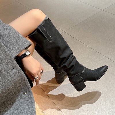 6.5cm真皮V口显瘦粗跟堆堆靴