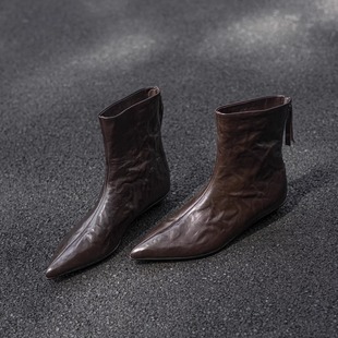 3cm尖头粗跟后拉链短靴女手抓纹羊皮切尔西靴低跟真皮显瘦马丁靴