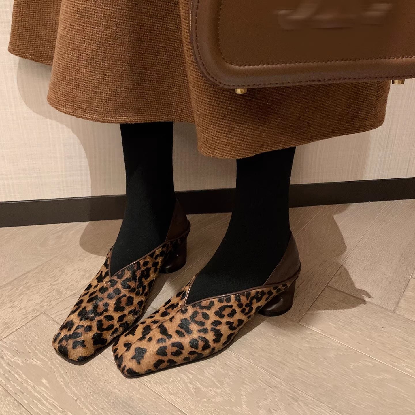 5cm真皮马毛粗跟浅口小皮鞋女高跟方头拼色玛丽珍懒人鞋豹纹单鞋