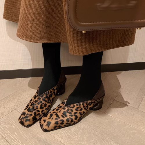 5cm真皮马毛粗跟浅口小皮鞋女