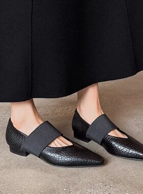 2cm真皮低跟黑色浅口玛丽珍鞋女粗跟尖头松紧带懒人鞋英伦风单鞋