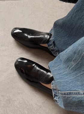 1cm极简低跟真皮乐福鞋女平底圆头一脚蹬百搭单鞋宽松黑色懒人鞋