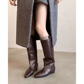 3.5cm长筒靴女秋冬宽松直筒裤 管靴大筒围胖mm皮靴内增高显瘦马靴