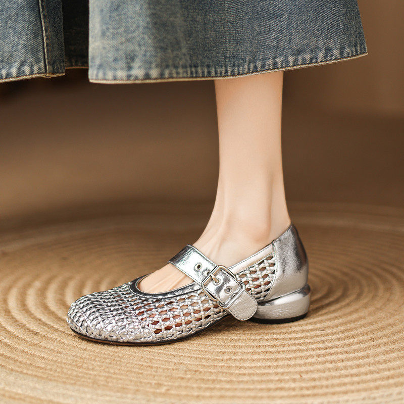 25春夏新款真皮低跟银色镂空玛丽珍鞋女粗跟透气编织圆头百搭单鞋,女鞋,玛丽珍鞋,淘宝优惠券,粉丝福利购,淘宝优惠卷