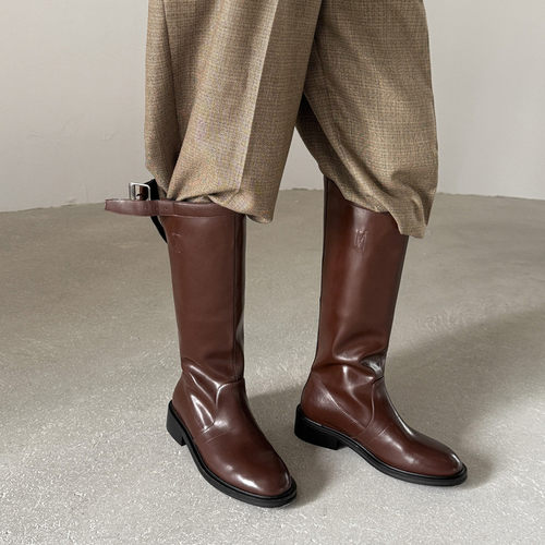 4cm英伦风真皮骑士长靴女秋冬