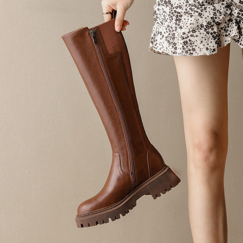 不过膝高筒靴女坡跟松糕底圆头长靴厚底真皮长筒骑士靴复古及膝靴