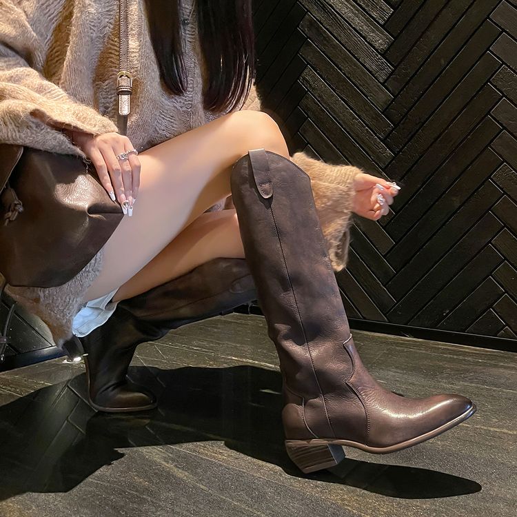 4cm真皮骑士靴头层牛皮2025秋冬新款棕色尖头粗跟显瘦V口高筒长靴