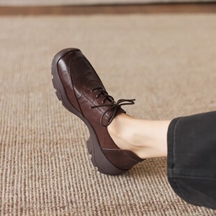 5cm真皮厚底英伦风小皮鞋女坡跟松糕圆头乐福鞋复古棕色系带单鞋