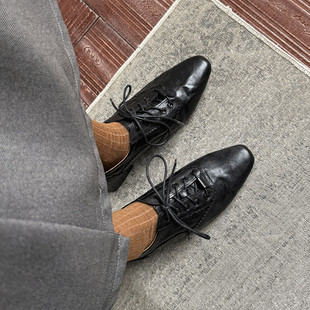 美拉德手抓羊皮粗跟方头英伦风小皮鞋女复古棕色系带真皮中跟单鞋
