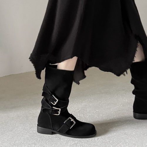 3cm复古皮带扣西部牛仔靴中筒靴女百搭显瘦美拉德粗跟短靴骑士靴