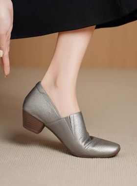 4cm真皮粗跟复古方头显瘦乐福鞋女中跟深口通勤灰色百搭懒人单鞋