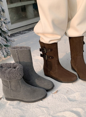 3.5cm真皮短筒靴子女2025冬季新款加绒加厚短靴女款保暖棉鞋灰色