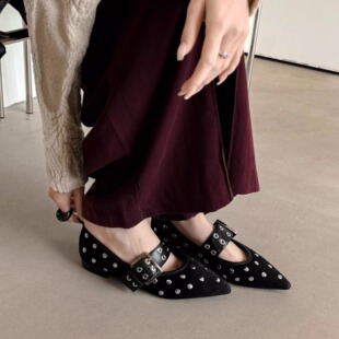 2.8cm真皮低跟黑色浅口玛丽珍鞋女内增高平底尖头拼色豹纹单鞋