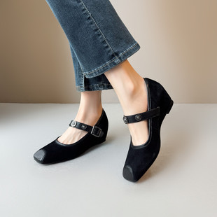 Sod私人定制 磨砂真皮浅口坡跟单鞋 女方头内增高百搭铆钉玛丽珍鞋