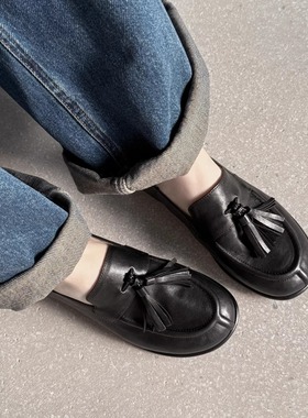 2cm平跟圆头英伦风小皮鞋女平底流苏真皮黑色乐福鞋软底懒人单鞋