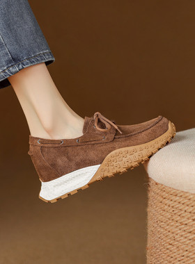 7cm磨砂真皮厚底圆头内增高乐福鞋女坡跟松糕底复古显瘦懒人单鞋