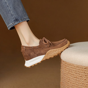 7cm磨砂真皮厚底圆头内增高乐福鞋 女坡跟松糕底复古显瘦懒人单鞋