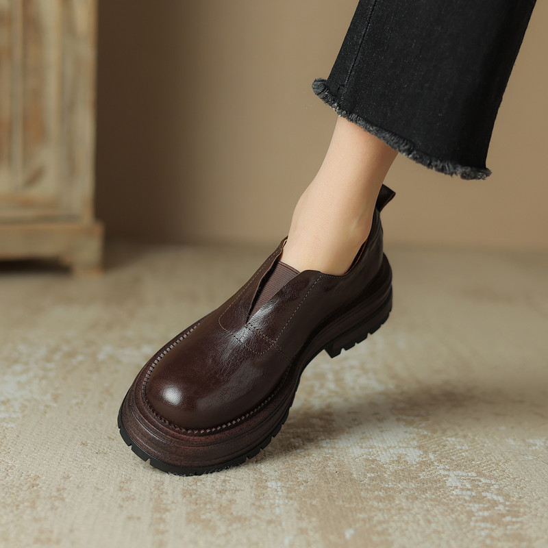 厚底英伦风棕色羊皮懒人单鞋