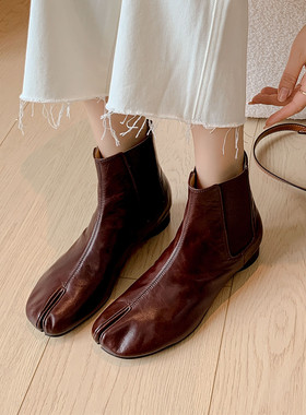 3cm法式复古分趾鞋马蹄跟短靴女粗跟切尔西靴猪蹄鞋英伦风马丁靴