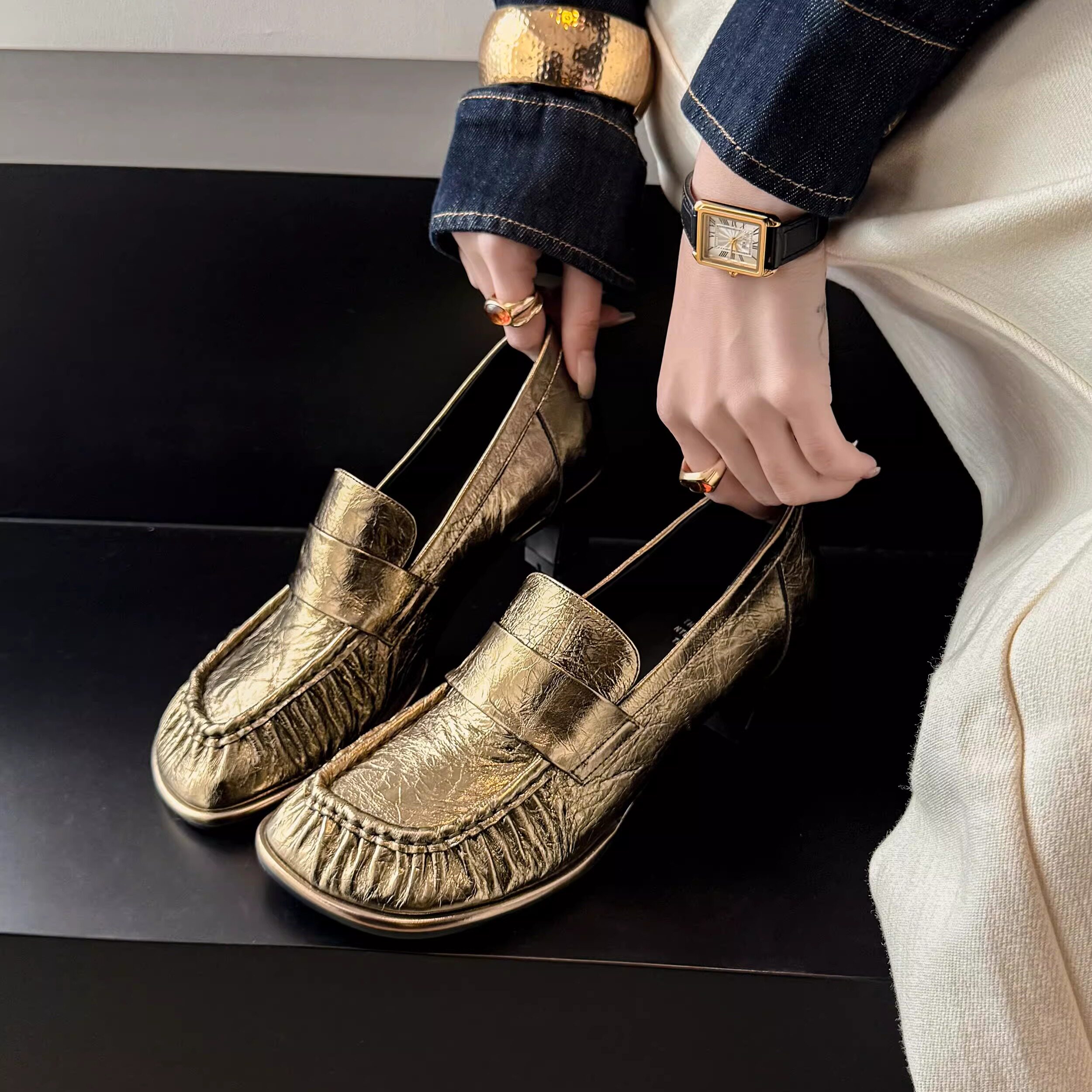 5cm一脚蹬真皮粗跟金色小皮鞋女高跟方头褶皱英伦风百搭懒人单鞋