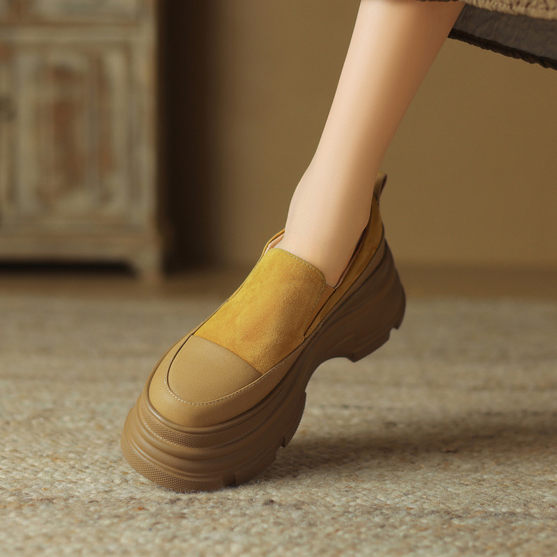 磨砂皮乐福鞋厚底懒人圆头黄色