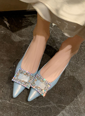 25春夏新款真皮低跟尖头蓝色浅口懒人鞋女内增高平底方扣水钻单鞋