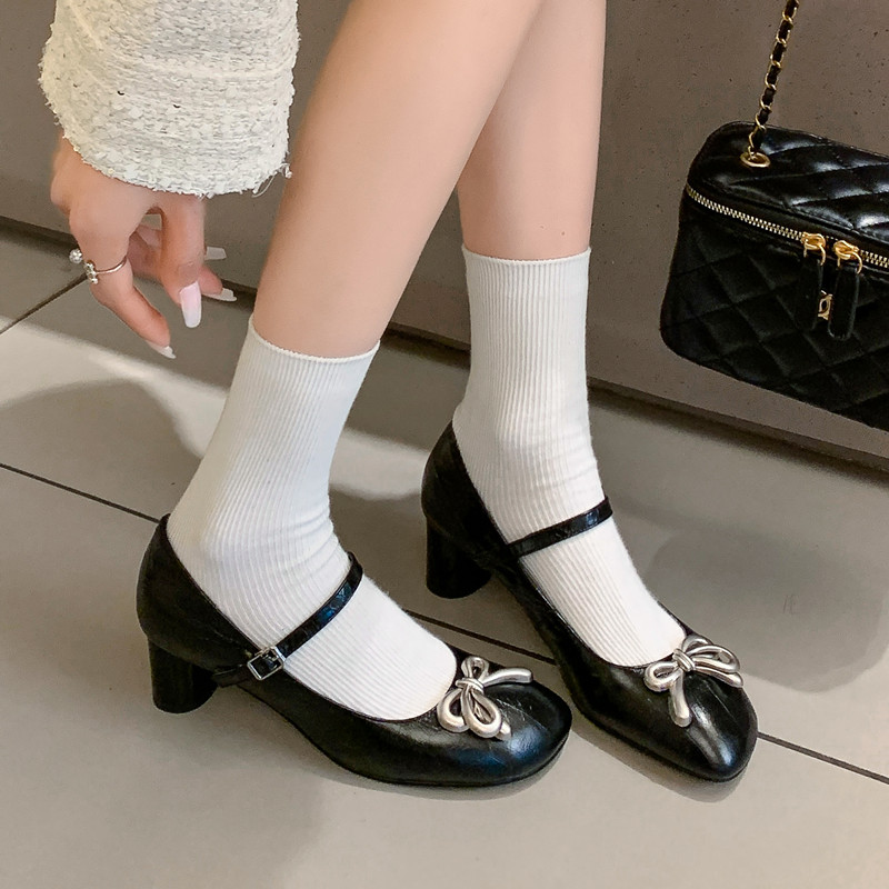 2025春夏新款真皮粗跟黑色浅口玛丽珍鞋女中跟方头蝴蝶结百搭单鞋