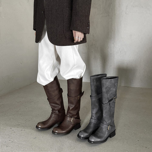 4cm真皮复古圆头中跟骑士长靴女