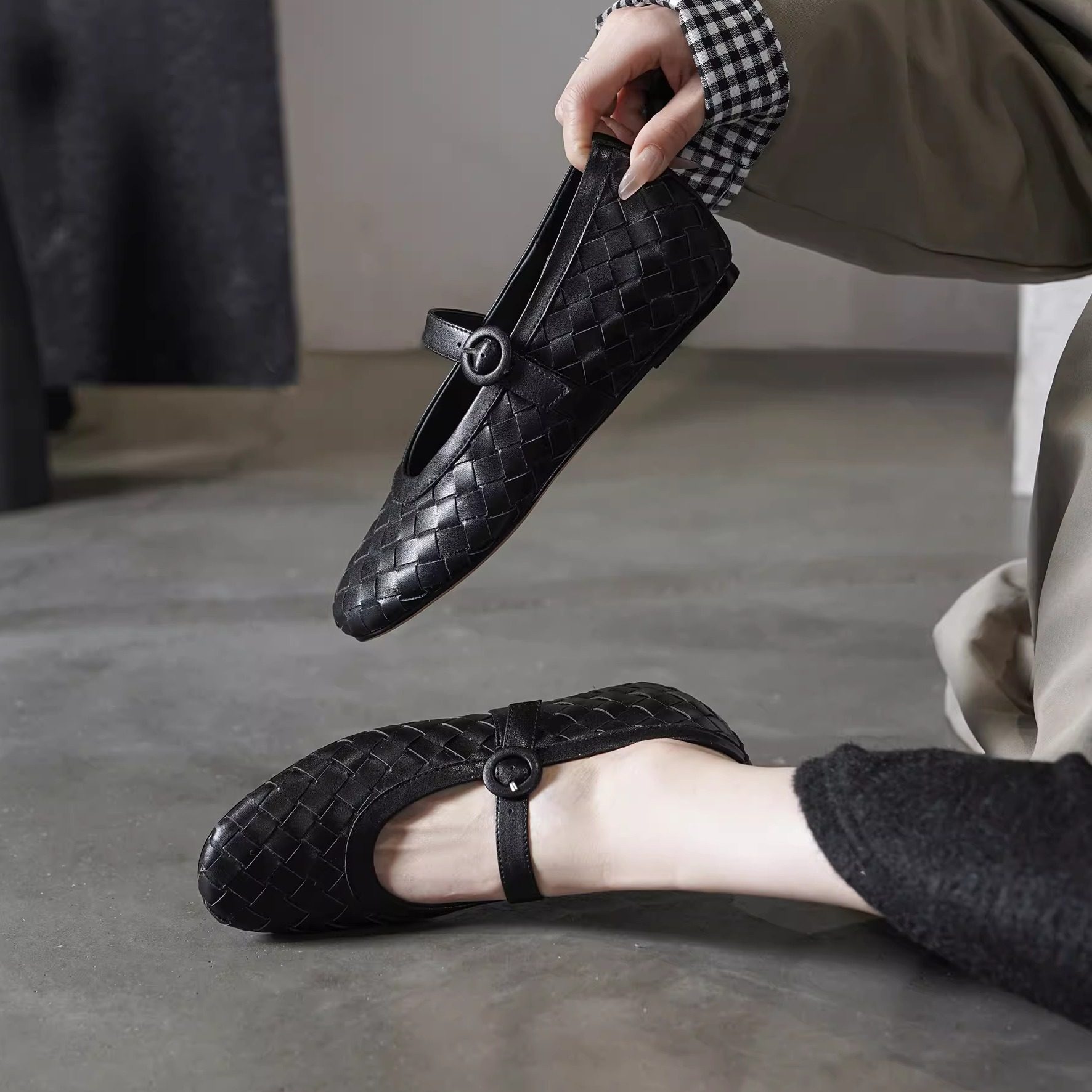 5cm真皮低跟黑色浅口玛丽珍鞋女内增高平底编织休闲圆头百搭单鞋,女鞋,玛丽珍鞋,淘宝优惠券,粉丝福利购,淘宝优惠卷