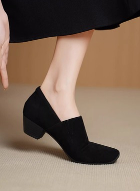 4cm磨砂真皮粗跟复古方头乐福鞋女中跟深口通勤黑色百搭懒人单鞋