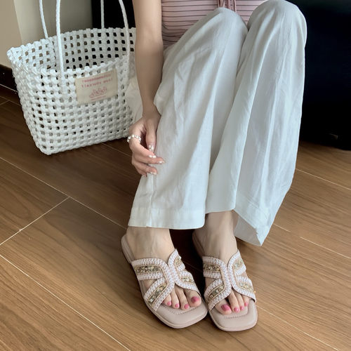 1.5cm法式水钻平底一字拖女